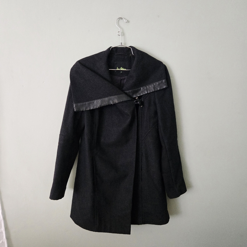 Black Sam Edelman Fallon Assymetrical Toggle Wool Faux Leather Coat, size Small